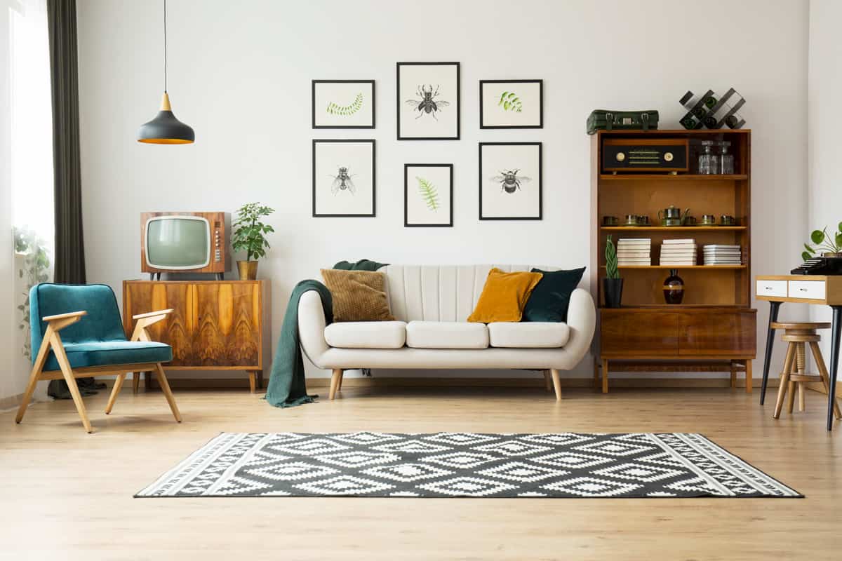 A rug placed in the middle of the living room with wooden flooring and white painted walls