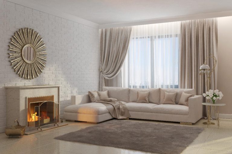 A bright and cozy living room with fireplace and mirror, Should Curtains Match Carpet Or Walls?