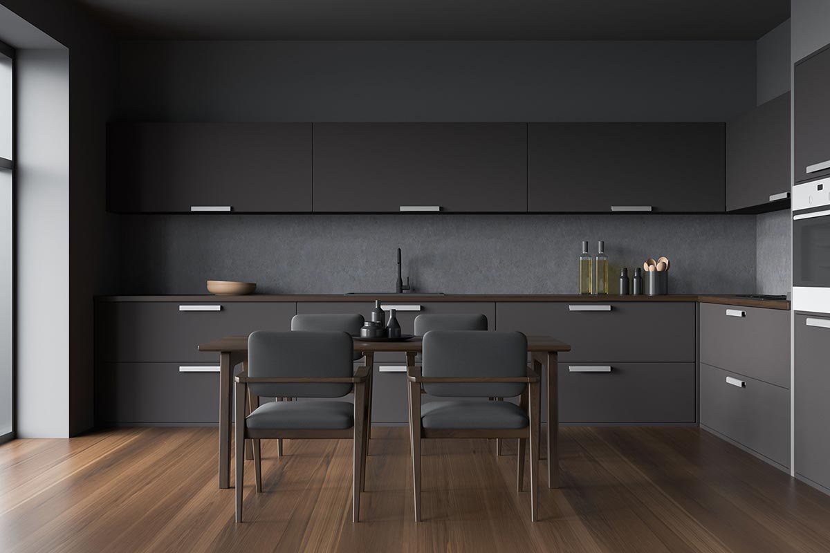 Gray kitchen interior with cabinet and dark wood parquet floor
