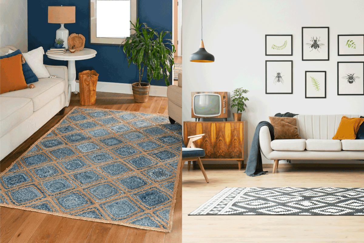 A collaged photo of patterned rug inside a living room