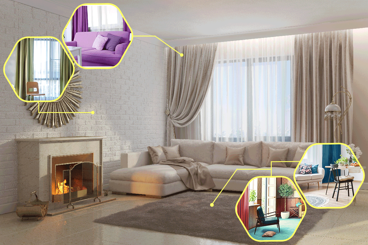 Bright and cozy living room with fireplace and mirror, Should Curtains Match Carpet Or Walls?