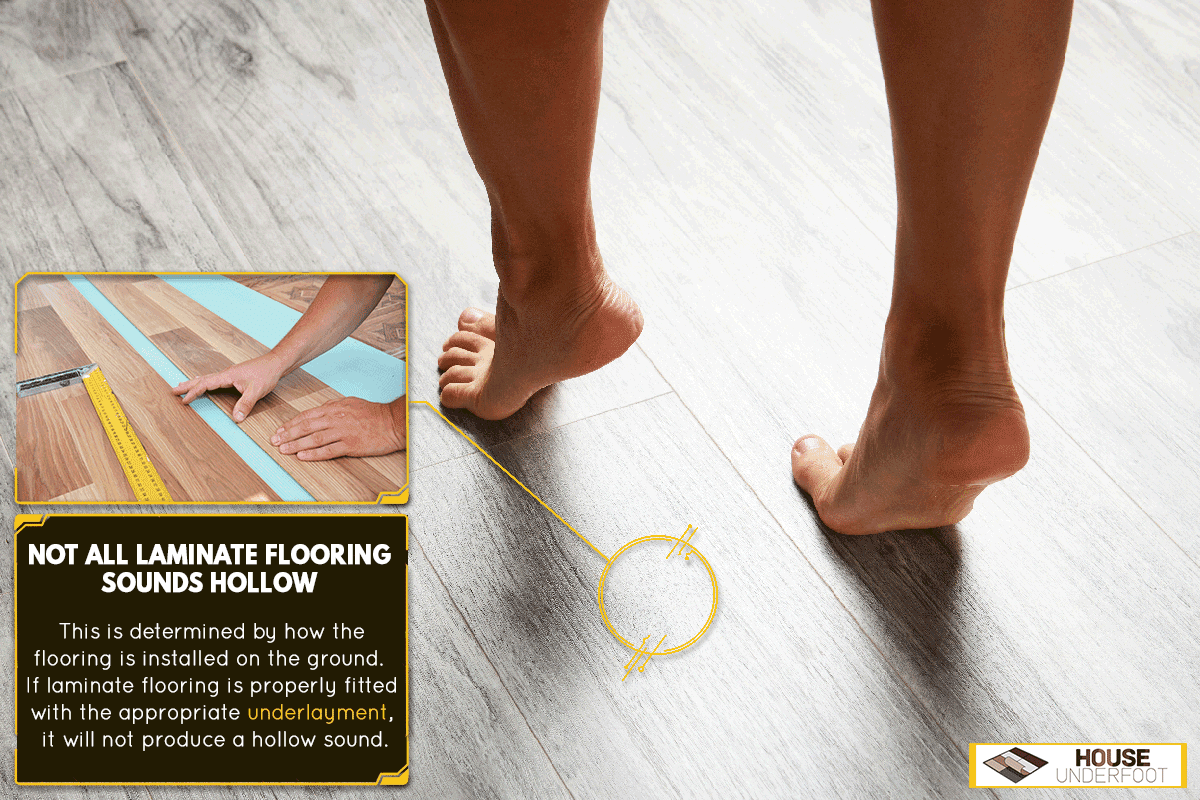 A female feet walking barefoot on clean wooden floor at home, Does All Laminate Flooring Sound Hollow?
