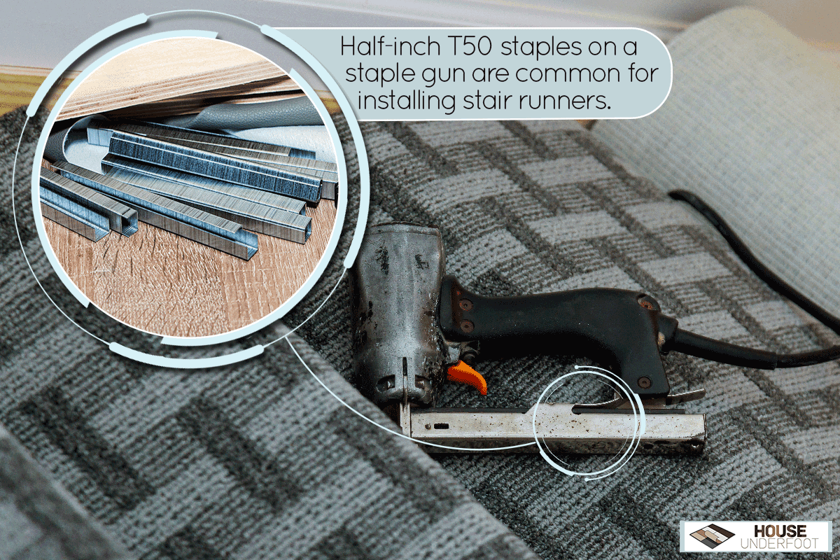 A rolling carpet on the staircase with stapler, What Size Staples To Use For Stair Runner?