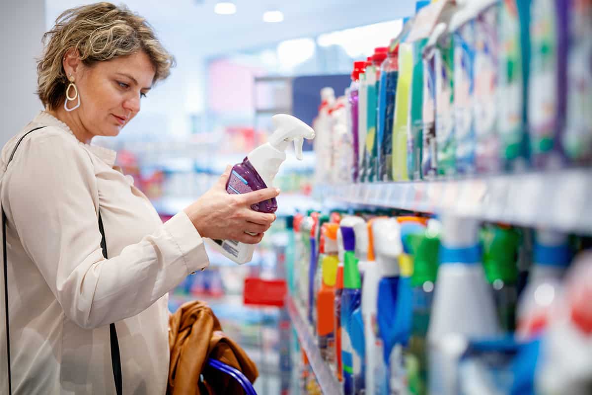 Woman choosing domestic cleaning product by the supermarket shelf