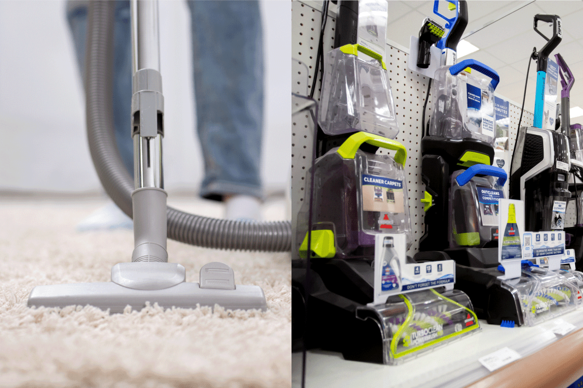 collab photo of a vacuum mop and a bissell spinwave on the store display of the mall