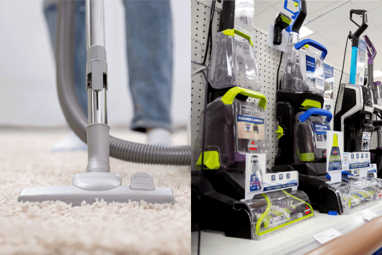 collab photo of a vacuum mop and a bissell spinwave on the store display of the mall, Shark Vacmop Vs Bissell Spinwave: Which To Choose?