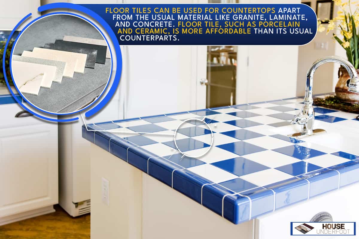 Modern kitchen interior with checkered white and blue tile, Can You Use Floor Tiles On Countertops?