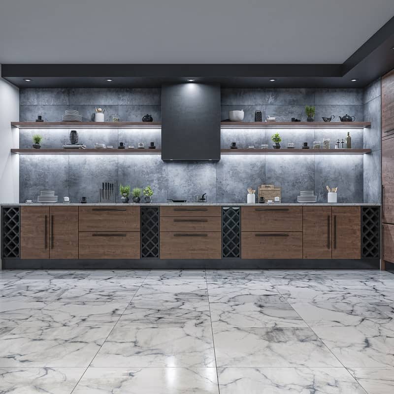 Modern luxury kitchen with marble kitchen counter on marble floor. Concrete tiled background with shelves, decoration and different lighting
