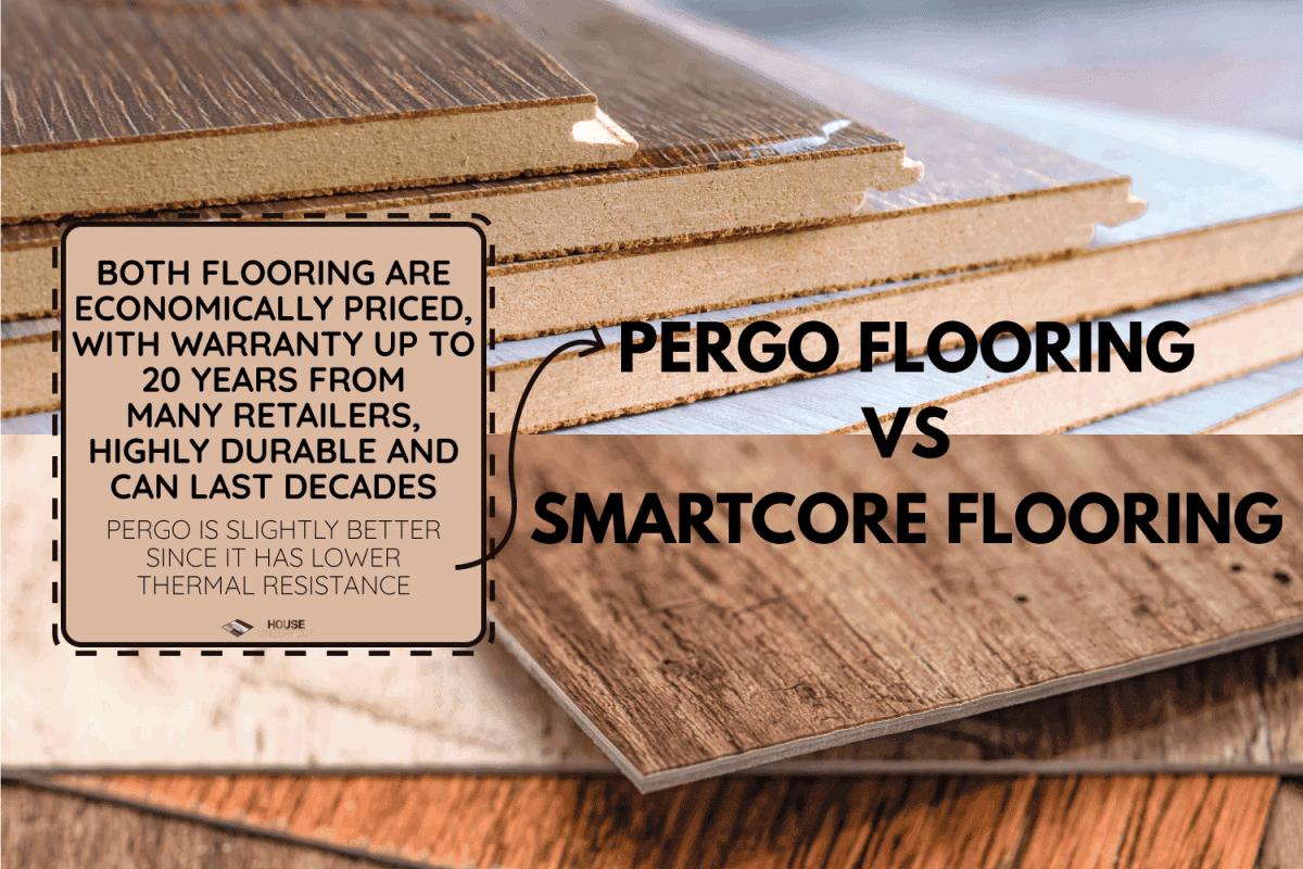 PVC vinyl sample. Waterproof laminate with water puddle. The swatches are brown with a woody texture. Pergo Vs. Smartcore Flooring Which To Choose