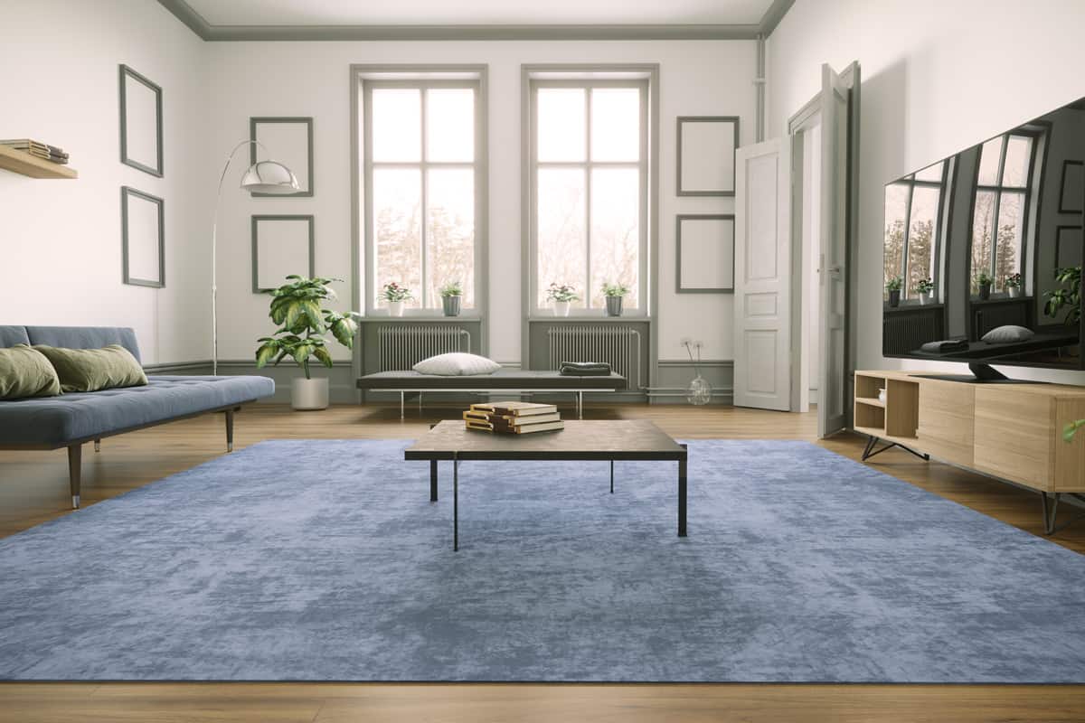 A blue carpet inside a luxurious living room