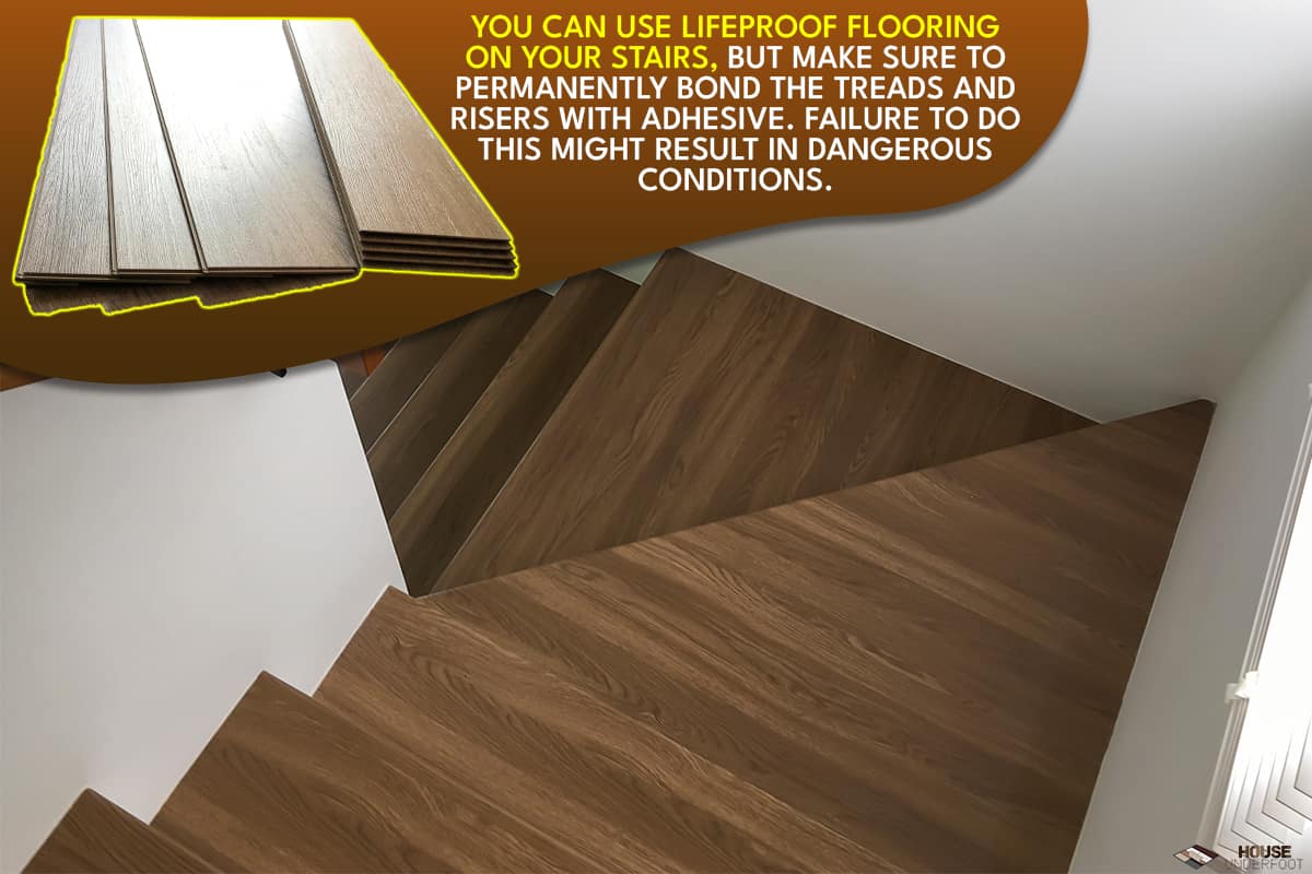 Vinyl stair with wood hand rail on a wall, Can Lifeproof Flooring Be Used On Stairs?