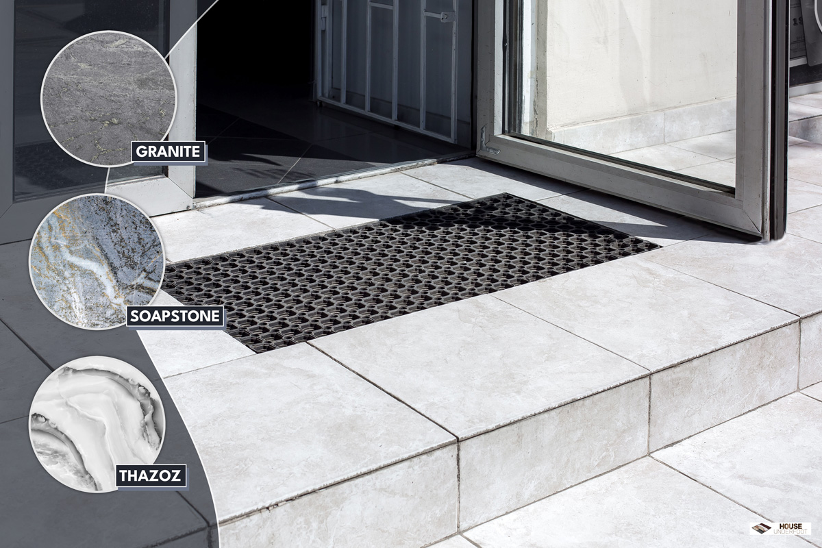 threshold made of light gray ceramic tiles with steps at the entrance to the store with a foot mat and an open glass door at the facade of an office building close-up, nobody., How To Remove Marble Threshold